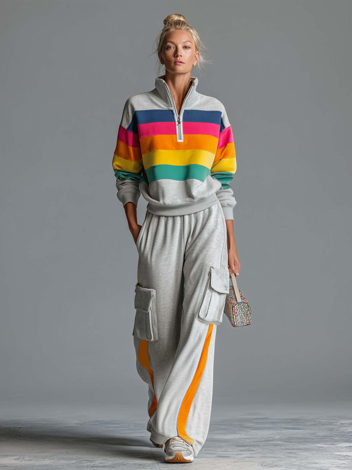 Retro Rainbow Striped Quarter Zip Sweatshirt Cargo Wide Leg Sweatpants Two Piece Set