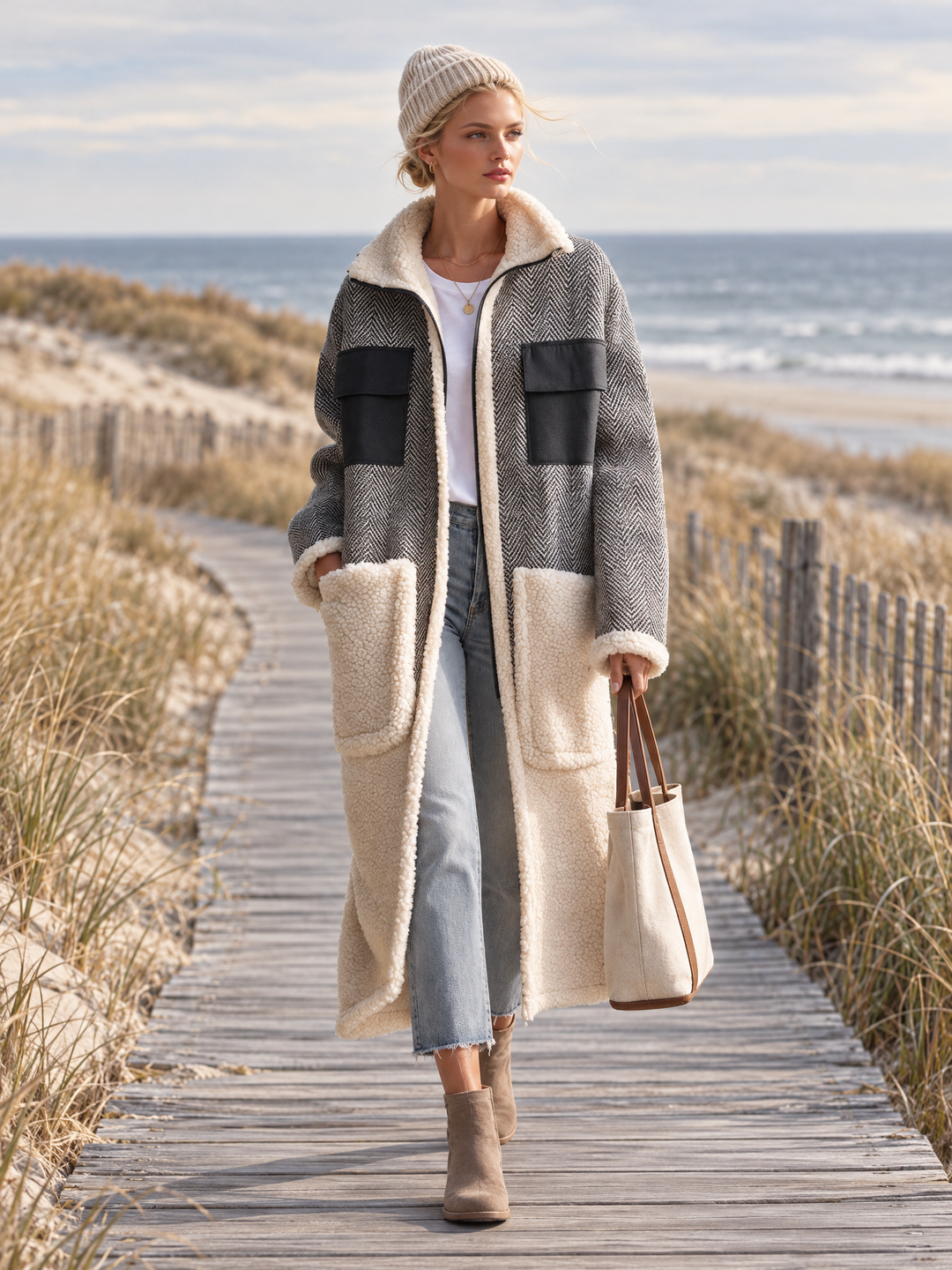 Casual Vintage Grey Herringbone Fleece Patchwork Pocket Zip-Up Long Sherpa Coat
