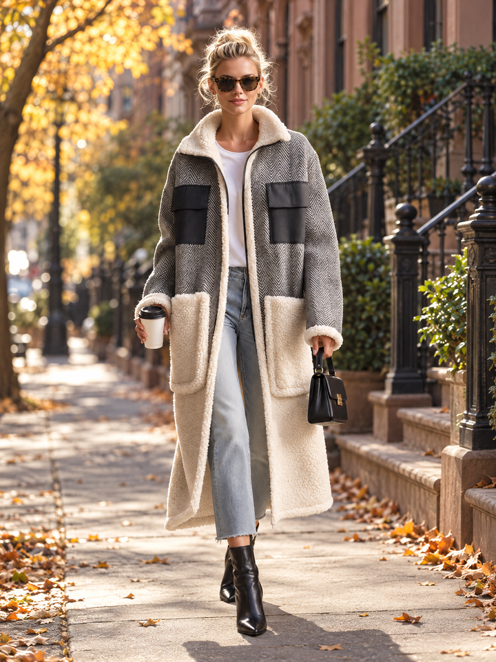 Casual Vintage Grey Herringbone Fleece Patchwork Pocket Zip-Up Long Sherpa Coat