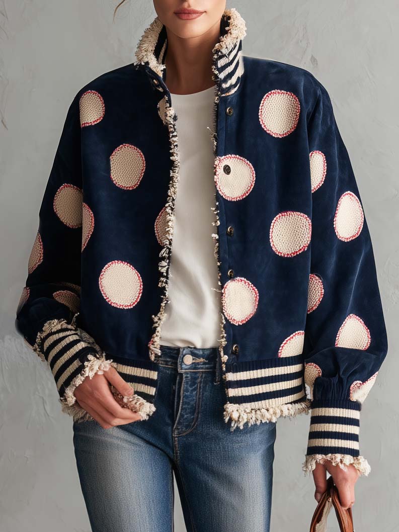 Retro Varsity Navy Suede Polka Dot Frayed Edge Striped Rib Bomber Jacket