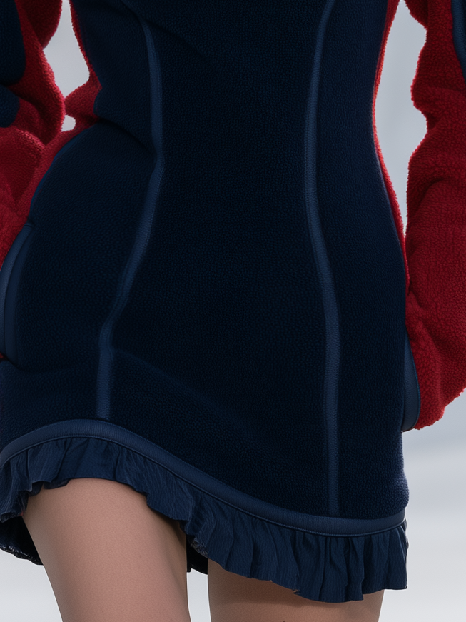 Women's Retro Color-Block Fleece Mini Dress With Ruffle Hem And Half-Zip