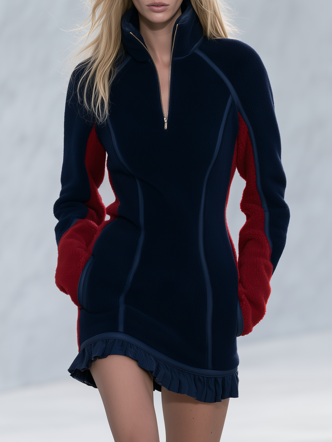 Women's Retro Color-Block Fleece Mini Dress With Ruffle Hem And Half-Zip