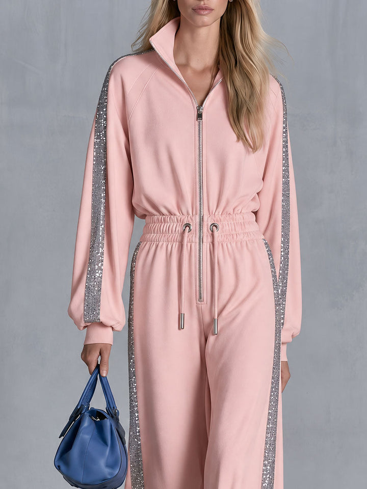 Retro Casual Silver Ribbon Pink Stand-up Collar Waist-cinching Cotton Jumpsuit, view 7 - Elena Harper