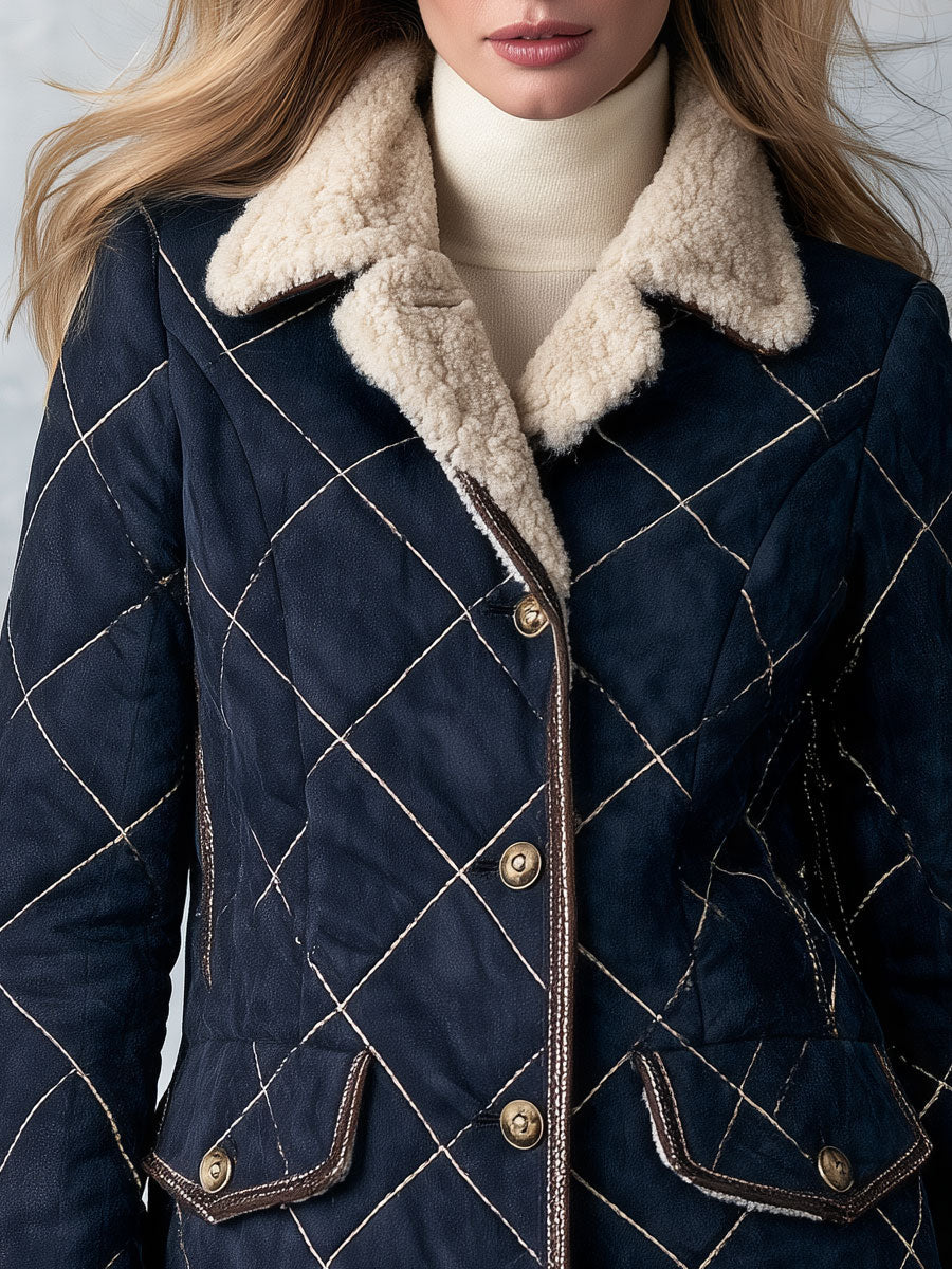 Casual Retro Diamond-stitched Fleece-lined Faux Suede Coat