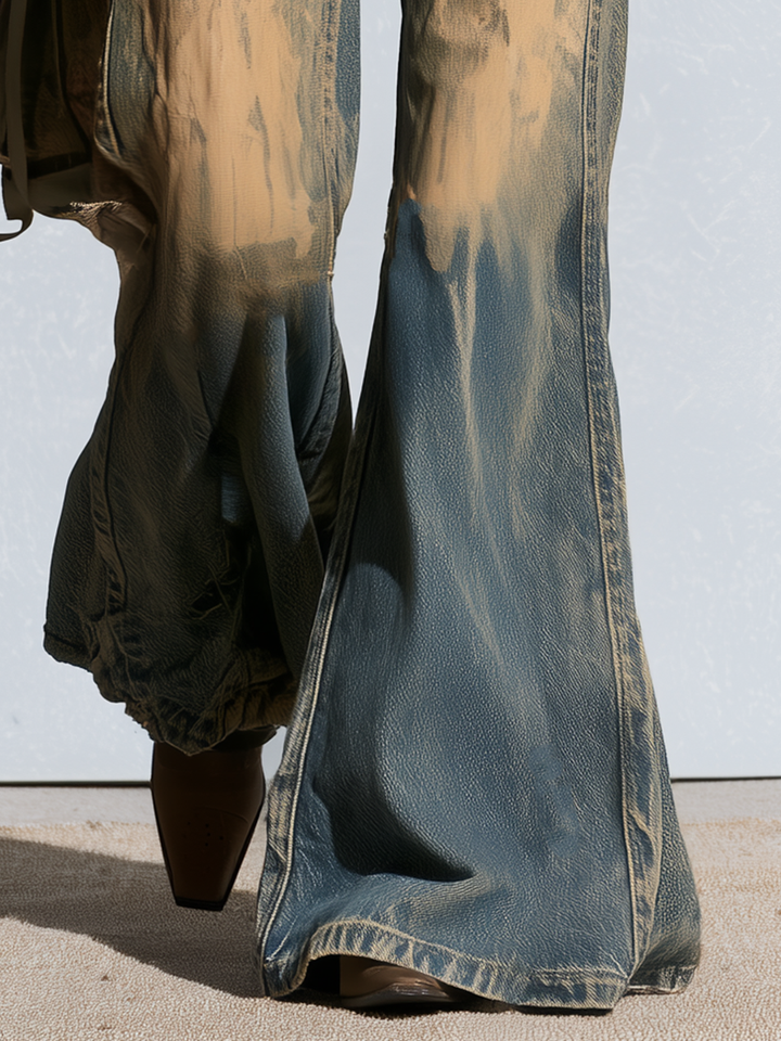 Retro Boho Mud Wash Distressed High Rise Bell Bottom Flare Jeans