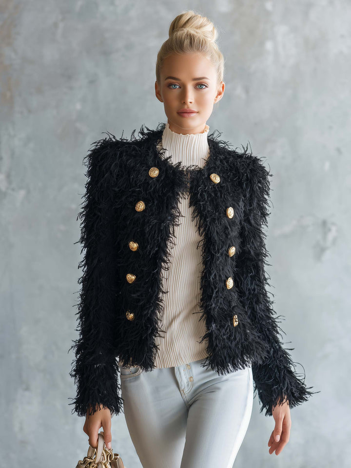 Retro Elegant Black Fuzzy Faux Fur Double-Breasted Gold Button Cropped Jacket