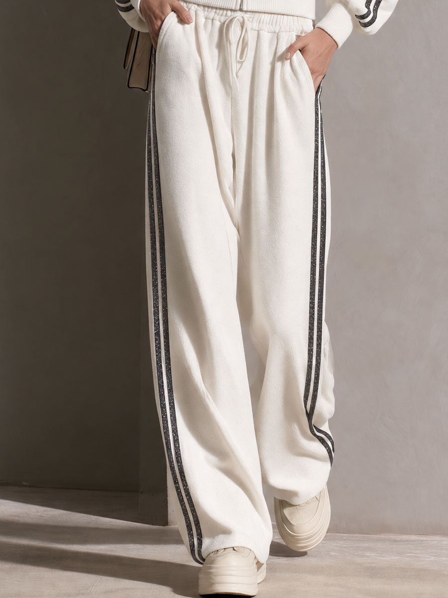 Casual Sporty Retro Double-Breasted Decorative Button White Cotton Jacket And Pants Set, view 8 - Elena Harper
