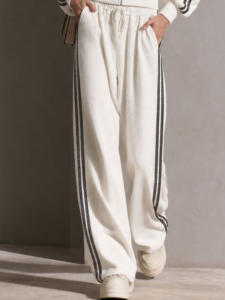 Casual Sporty Retro Double-Breasted Decorative Button White Cotton Jacket And Pants Set, view 8 - Elena Harper