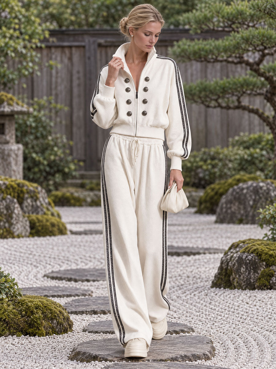 Casual Sporty Retro Double-Breasted Decorative Button White Cotton Jacket And Pants Set, view 5 - Elena Harper