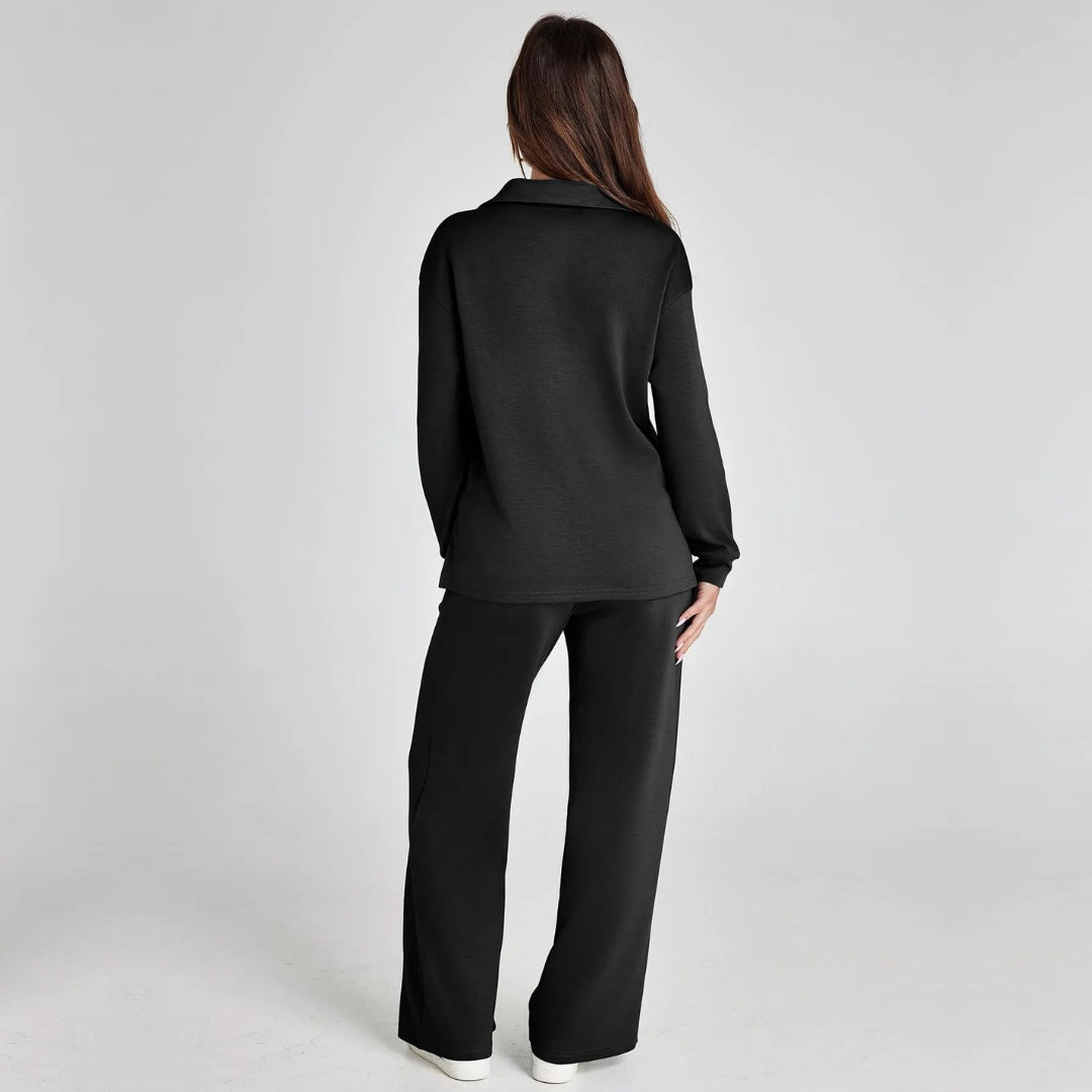 Ladies Loungewear Set with V-Neck Sweater and Wide Comfy Pants