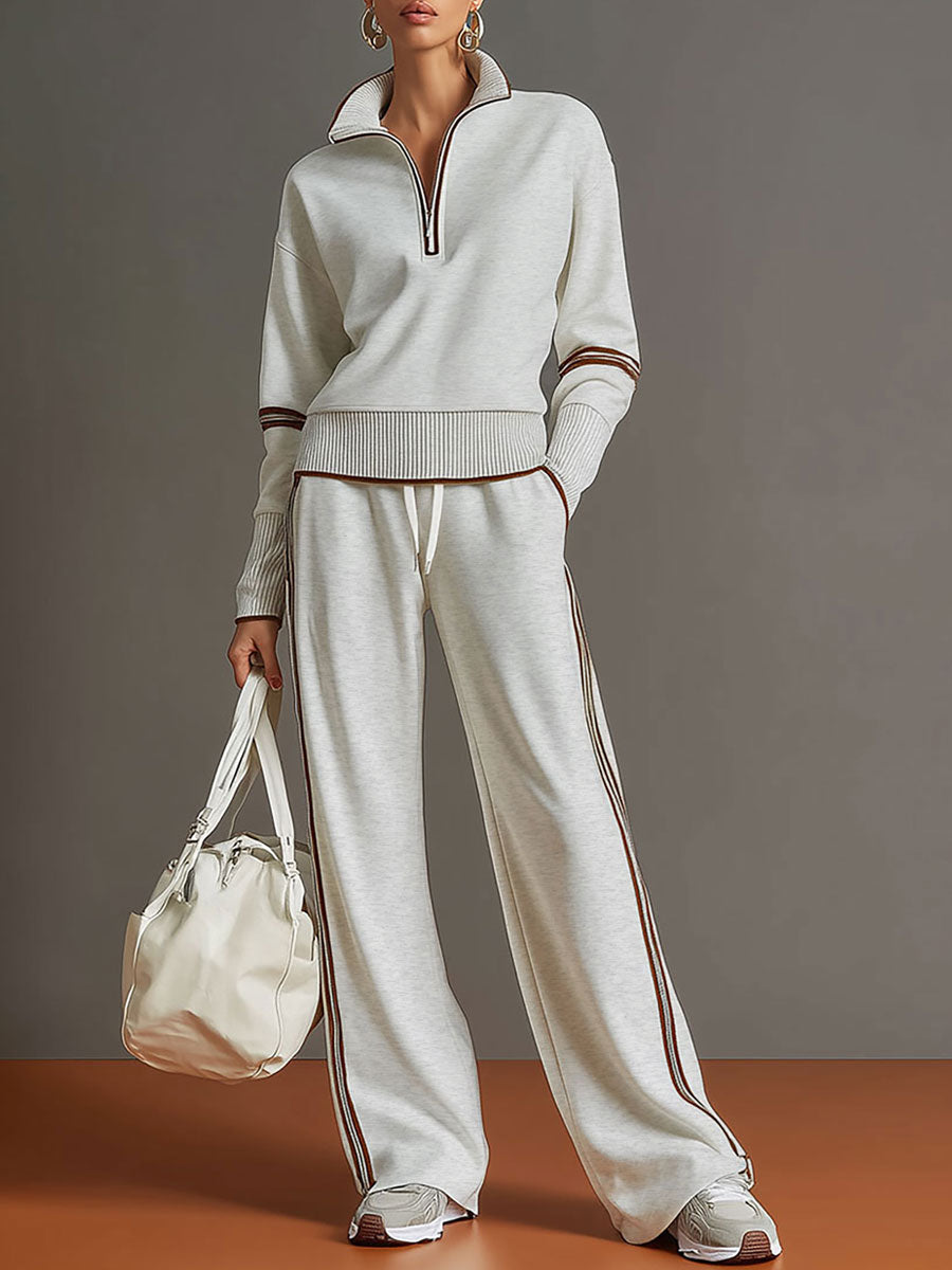 Retro Sporty Webbing Grey-white Half-zip Sweatshirt And Wide-leg Pants Set - Elena Harper