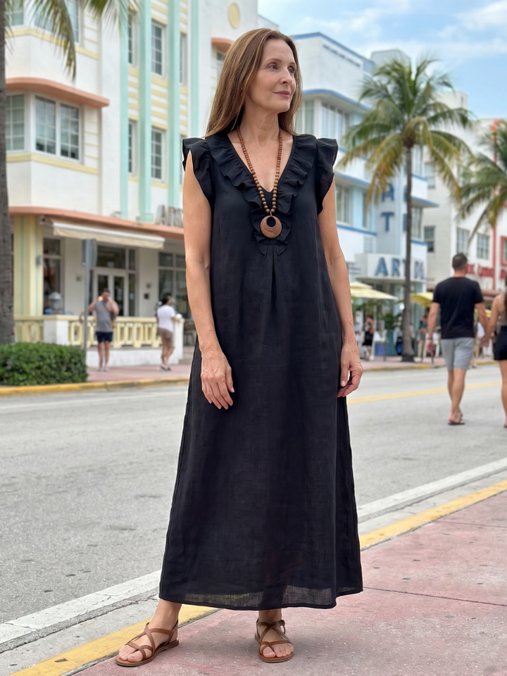 Adelaide Ruffle Trim Sleeveless Neck Midi Dress - Elena Harper