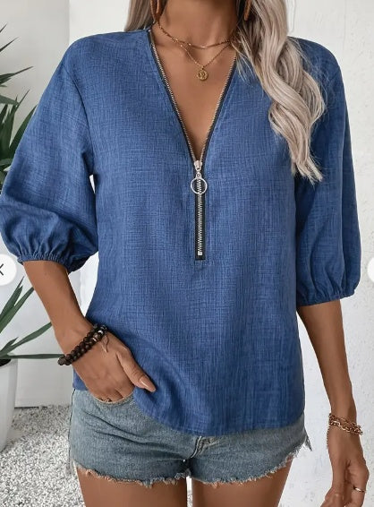 Elizabeth - Elegant women's blouse with deep V-neck and zipper closure