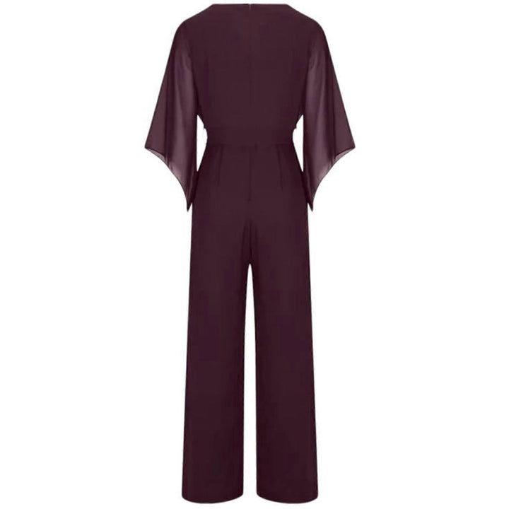 Women's Wide-Leg Jumpsuit - Elegant Cascading Neckline & Lace-Up Waist