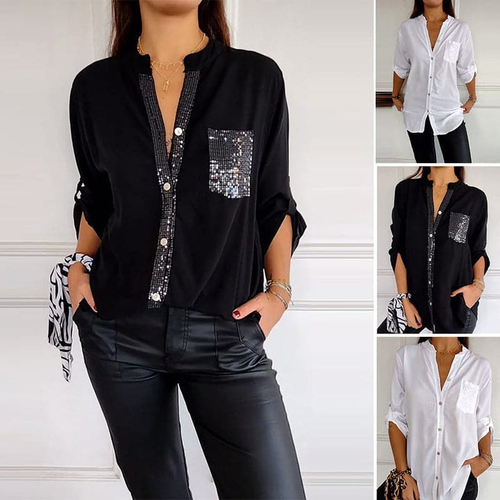 Women's Sequin Trim Button-Up Shirt - Elegant & Versatile