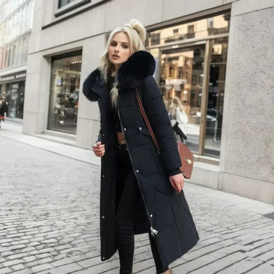Marguerite Elegant Long Down Jacket with Fur, view 2 - Elena Harper