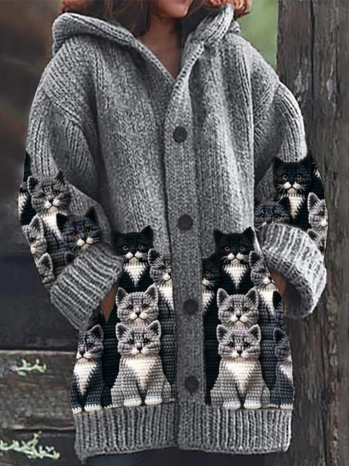 Jasmin - Cozy Knit Cat Print Cardigan