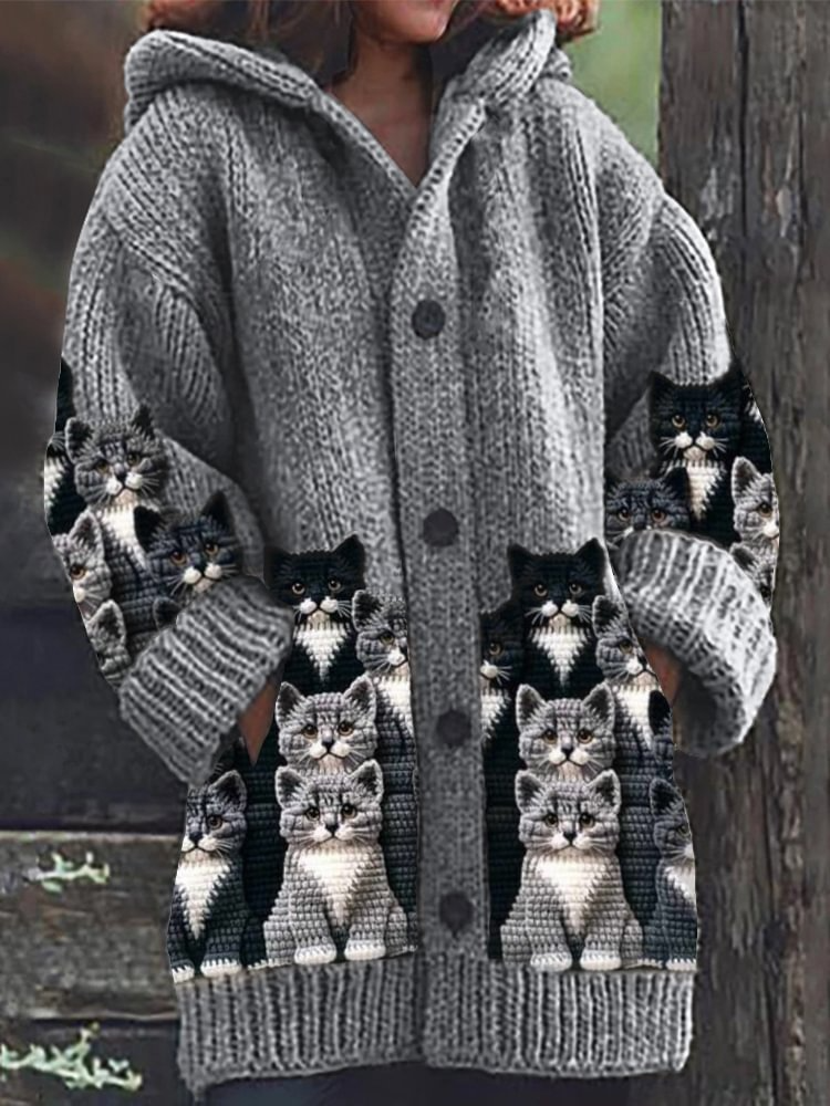 Jasmin - Cozy Knit Cat Print Cardigan
