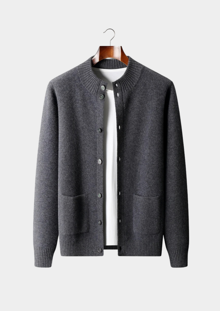 100% CASHMERE BUTTON CARDIGAN.