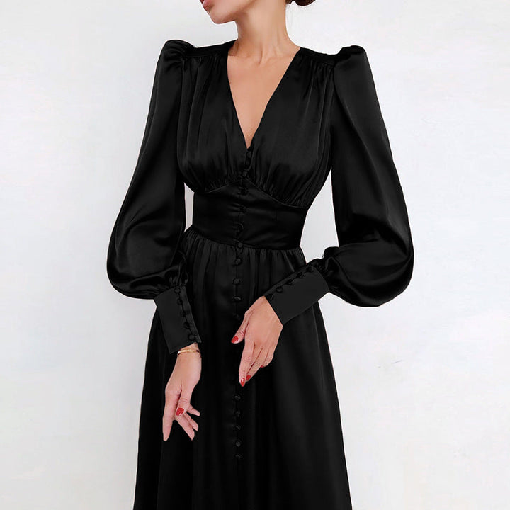 Elegant Midi Satin Dress – Puff Sleeves Buttoned