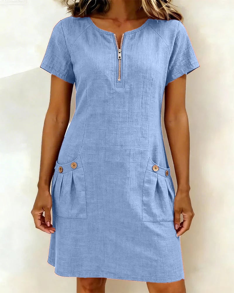 Krystan Short Sleeve Utility Dress with Front Zipper, view 3 - Elena Harper