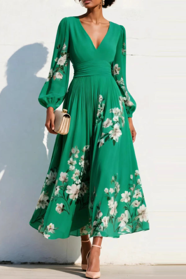 Floral Print V-neck Long-sleeved Fitted Waist Casual Maxi Dress, view 6 - Elena Harper