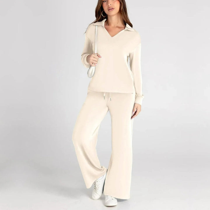 Ladies Loungewear Set with V-Neck Sweater and Wide Comfy Pants