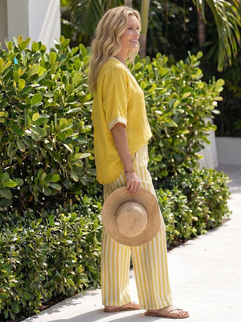 Women's Relaxed Contrast V-Neck Tunic & Striped Trousers Set
