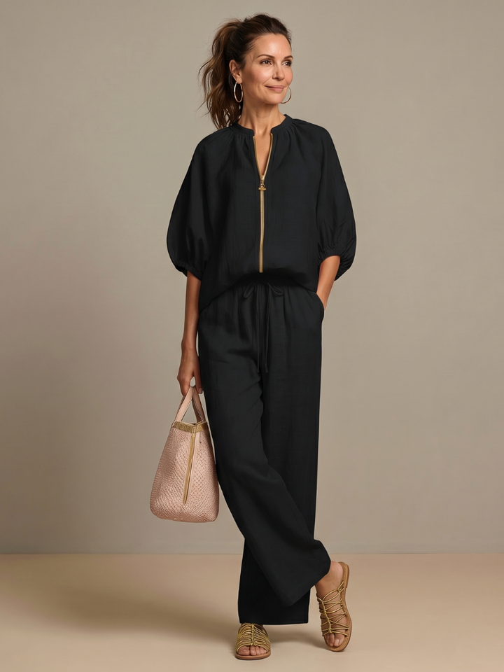 Women's Zip Front Blouson Top & Wide Leg Pants Set