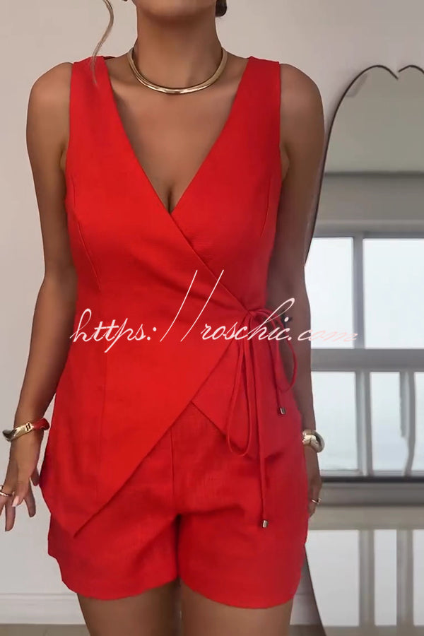 Solid Color Casual Sleeveless V-neck Top and Loose Shorts Set, view 3 - Elena Harper