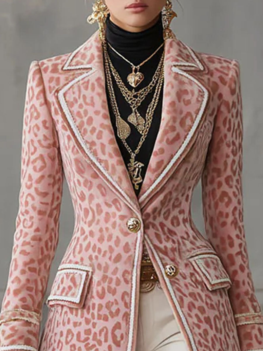 Lapel Single-breasted Pink Leopard Print Mid-length Coat