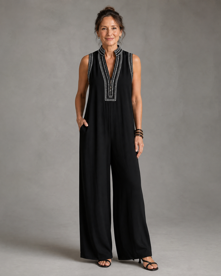Velmira Embroidered V Neck Sleeveless Wide Leg Jumpsuit - Elena Harper