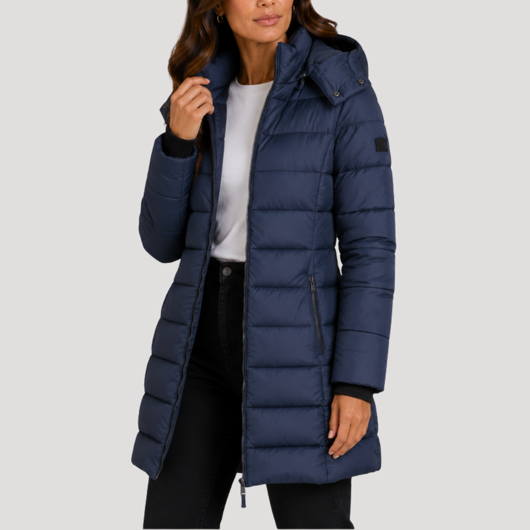 Long Women's Puffer Jacket with Hood and Zipper Closure