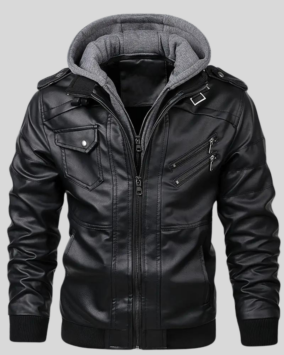 Davor - Hooded Leather Jacket With Double Zipper Closure