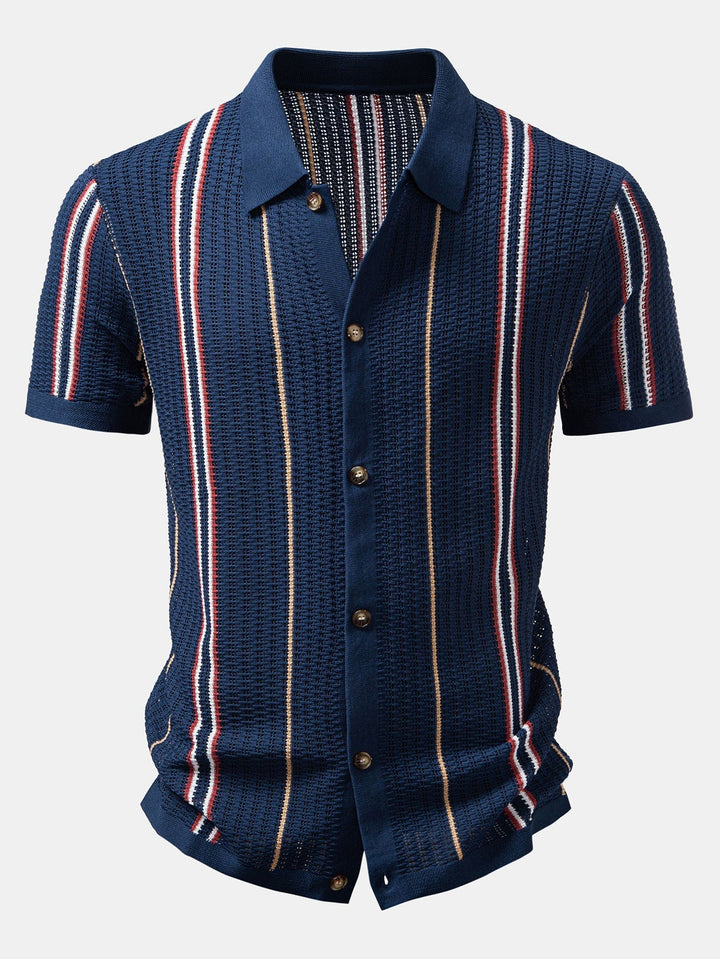 CROCHET STRIPED SHIRT WITH BUTTONS & STRAIGHT LEG LINEN PANTS