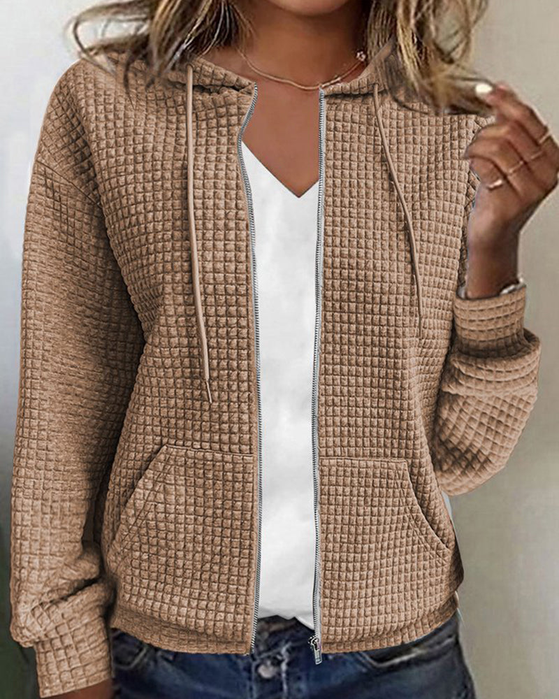 Casual Long Sleeve Textured Zip-Up Hoodie - Elena Harper