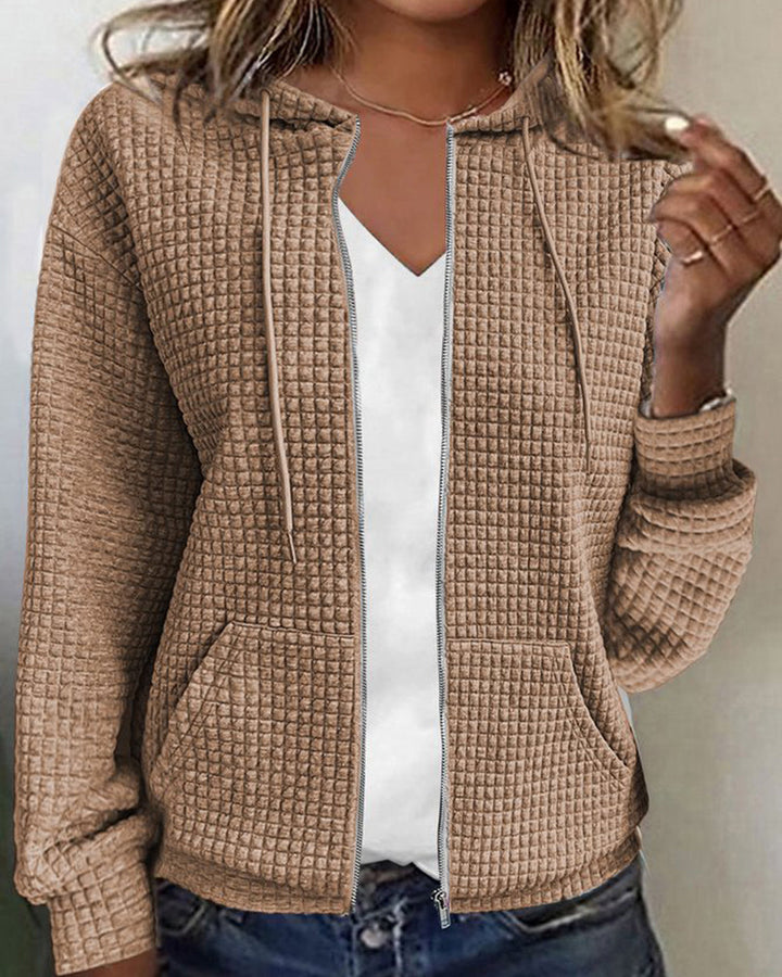 Casual Long Sleeve Textured Zip-Up Hoodie - Elena Harper