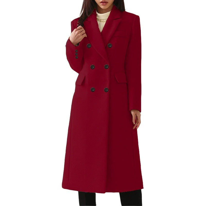 Wool Long Coat with Double Buttons – Elegant Burgundy Lapel Jacket