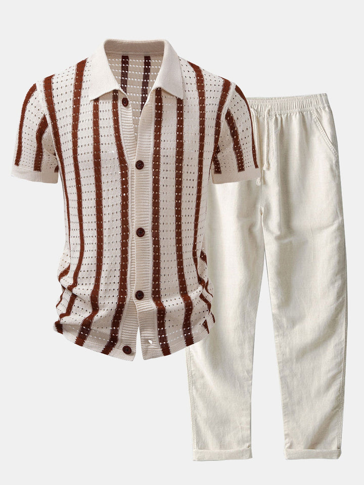STRIPED SHIRT WITH KNITTED EYELETS & STRAIGHT LEG LINEN PANTS