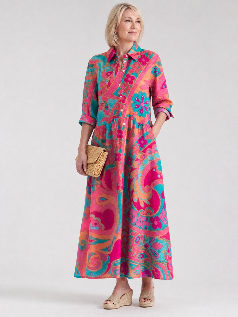 Women's Printed Midi Dress with Buttoned Shirt Collar - Elegant and Easy to Wear