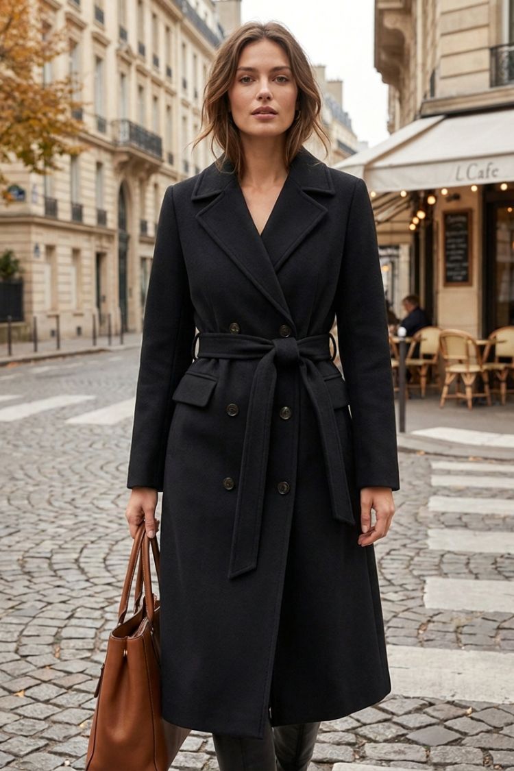 Women's Coat with Belt and Notched Collar
