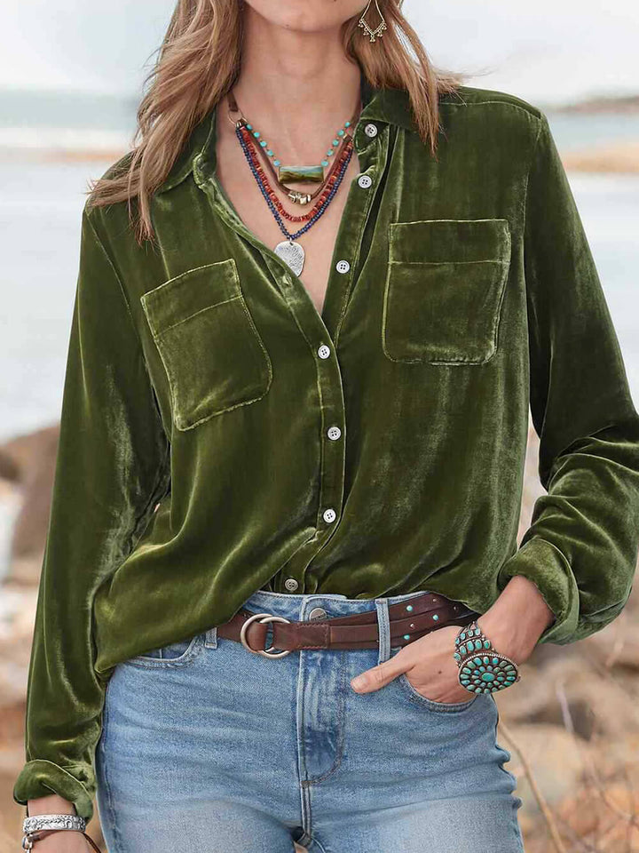 Long Sleeve All-Match Velvet Loose Shirt, view 2 - Elena Harper