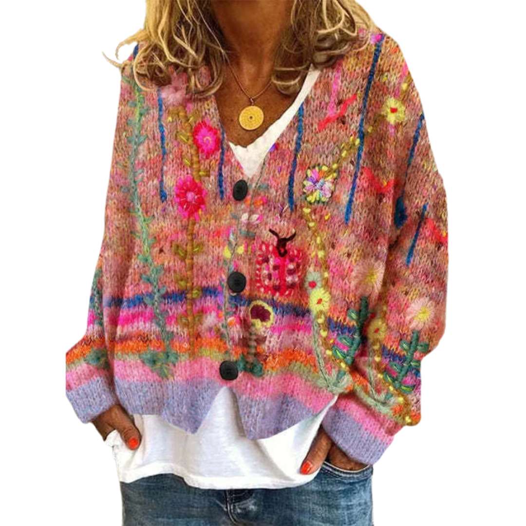 Loose Fit Knitted Cardigan with Abstract Print