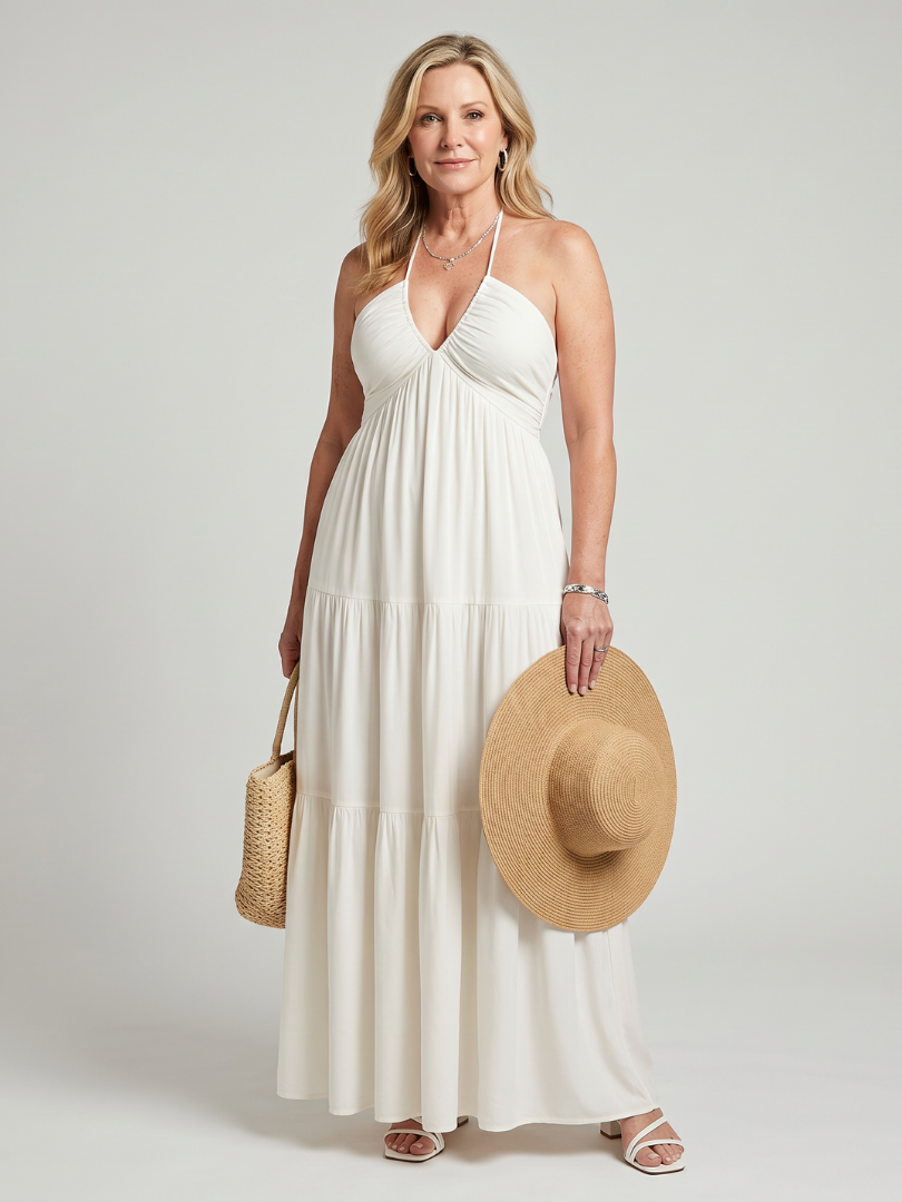Dextra Halter Neck Tiered Skirt Midi Dress - Elena Harper