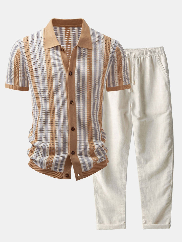 STRIPED SHIRT WITH CROCHET EYELETS & STRAIGHT LEG LINEN PANTS