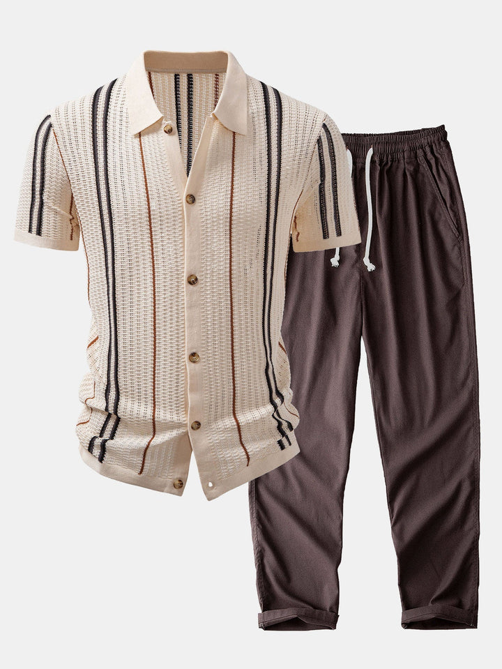 CROCHET STRIPED SHIRT WITH BUTTONS & STRAIGHT LEG LINEN PANTS