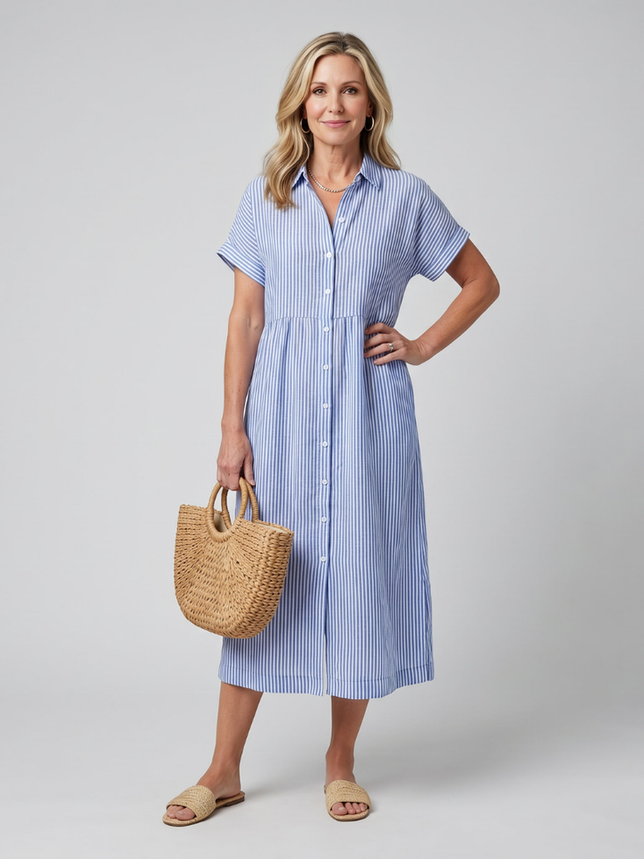 Women's Striped Short Sleeve Button-Front Midi Dress