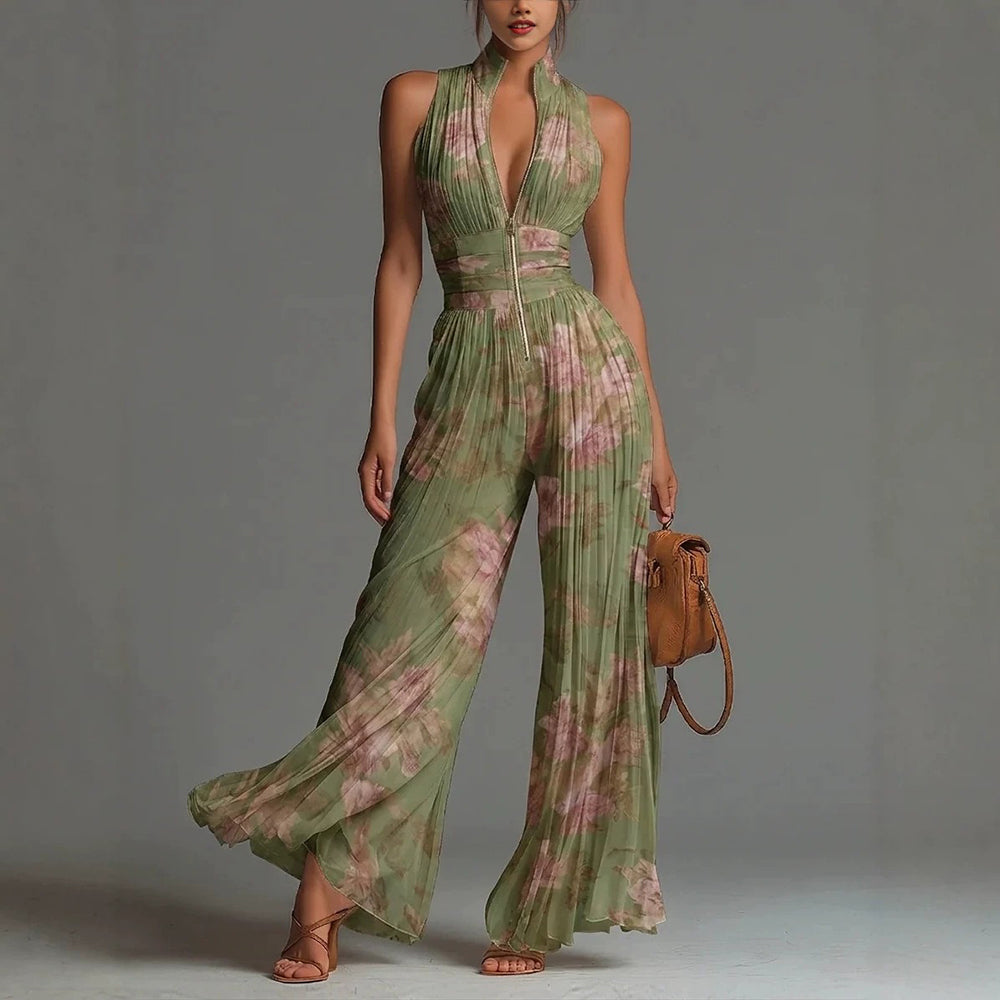 Women's Pleated Jumpsuit with Floral Print and Wide Legs