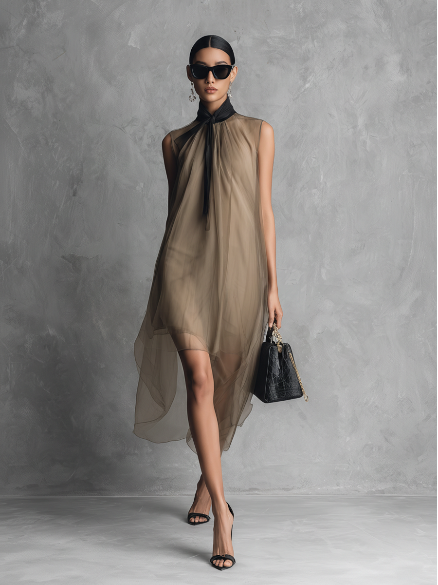 Beatrice Lightweight Luxury Two-Tone Khaki and Brown Chiffon Sleeveless Dress, view 2 - Elena Harper