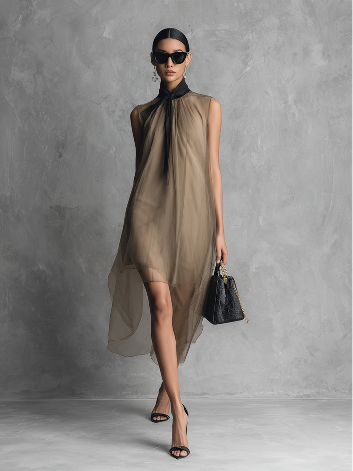 Beatrice Lightweight Luxury Two-Tone Khaki and Brown Chiffon Sleeveless Dress, view 2 - Elena Harper